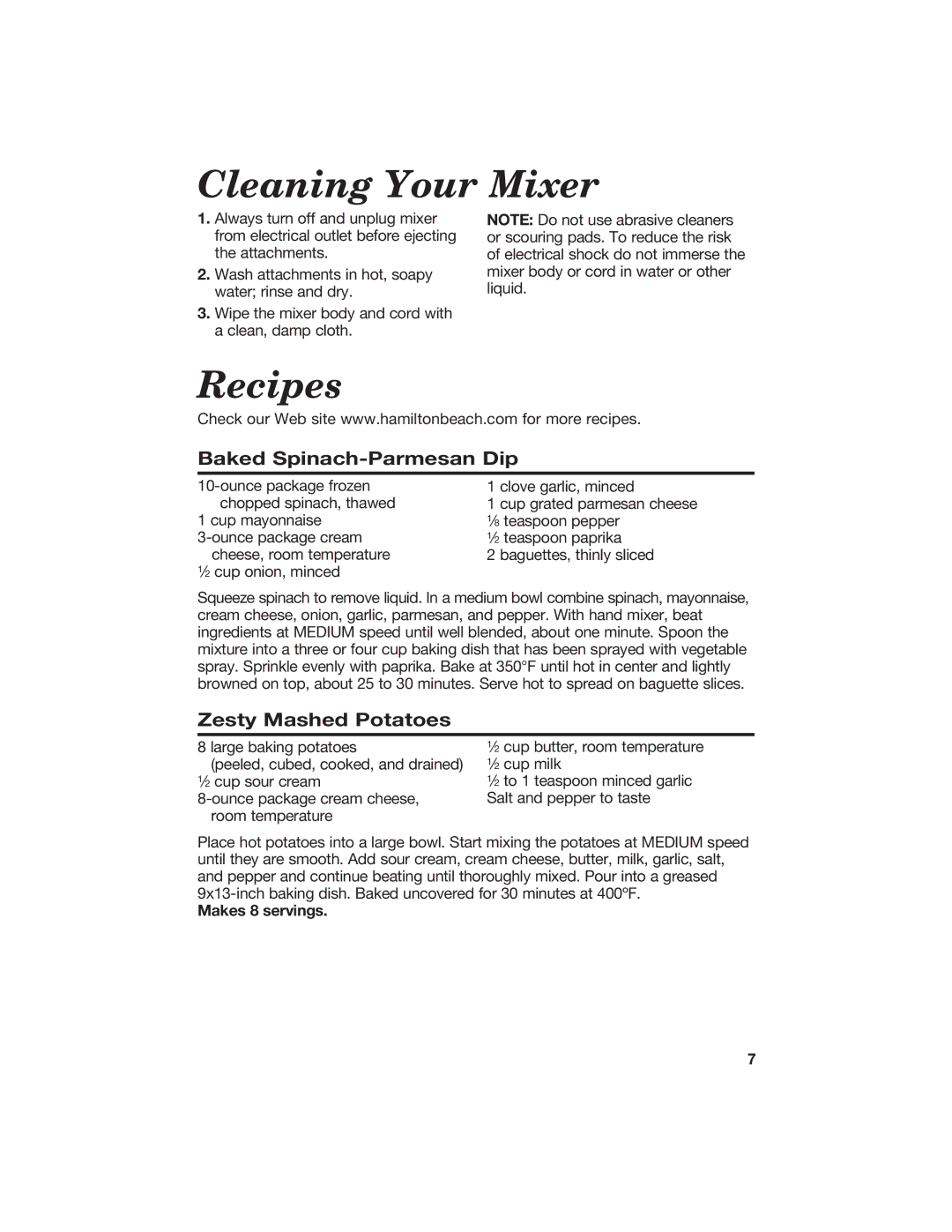 Hamilton Beach 840106200 manual Cleaning Your Mixer, Recipes, Baked Spinach-Parmesan Dip, Zesty Mashed Potatoes 