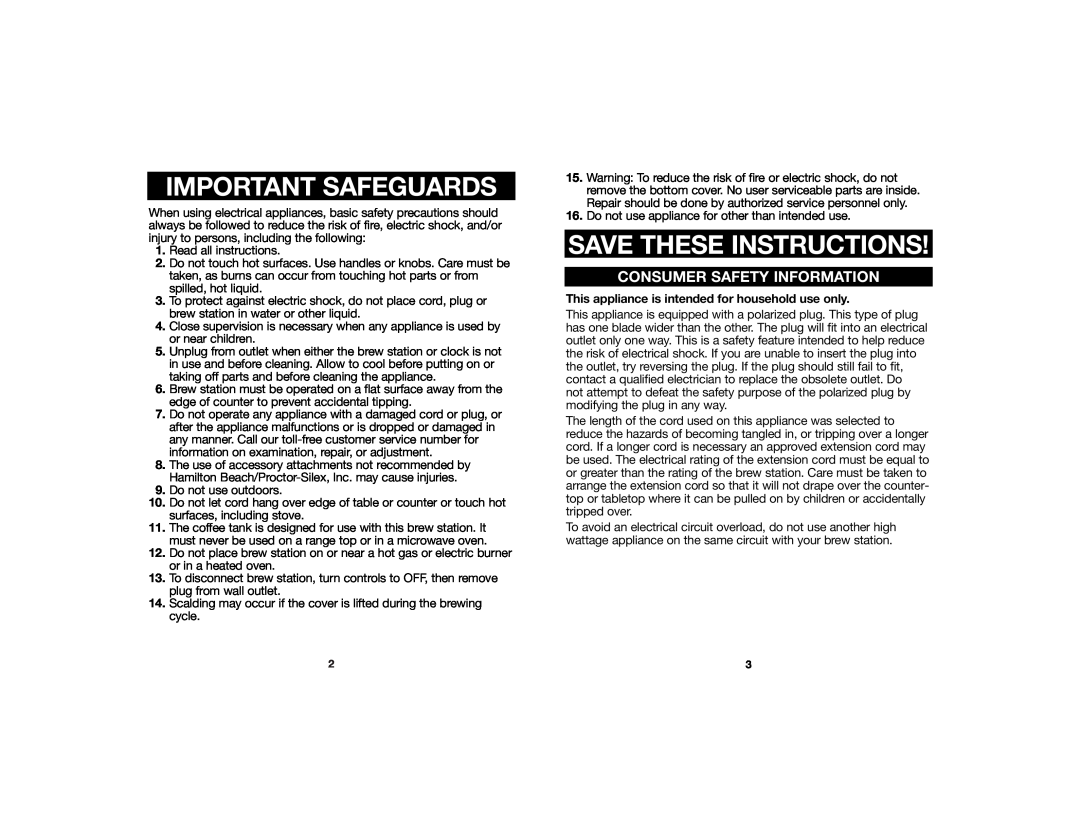 Hamilton Beach 840106400 manual Important Safeguards, Save These Instructions, Consumer Safety Information 