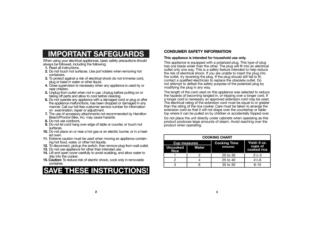 Hamilton Beach 840106800 manual Important Safeguards, Cooking Chart 