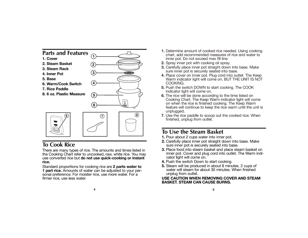 Hamilton Beach 840106800 manual Parts and Features, To Cook Rice, To Use the Steam Basket 