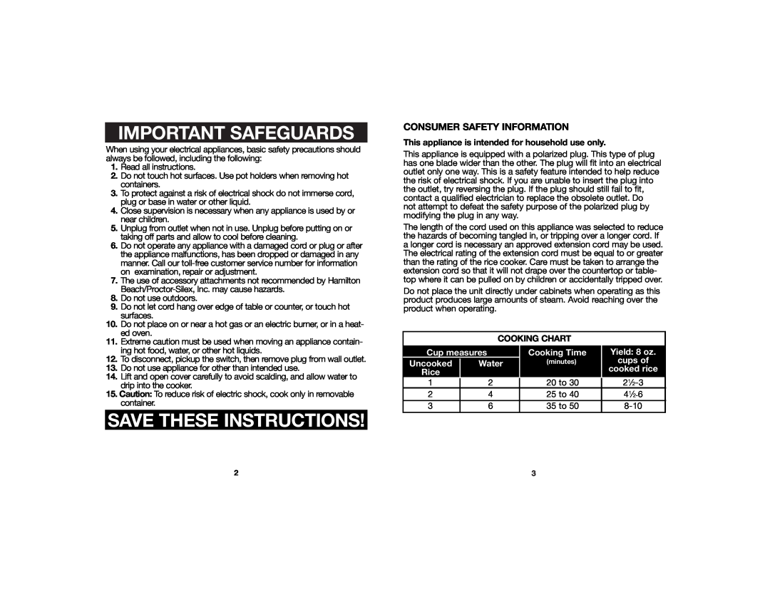 Hamilton Beach 840106800 Important Safeguards, Save These Instructions, This appliance is intended for household use only 