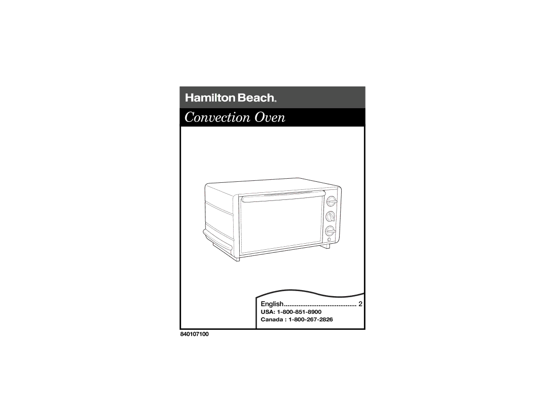 Hamilton Beach 840107100 manual Convection Oven 