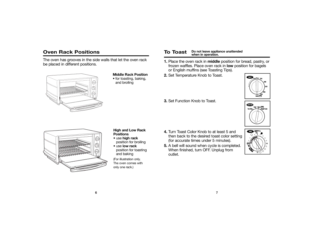 Hamilton Beach 840107100 manual Oven Rack Positions, To Toast 