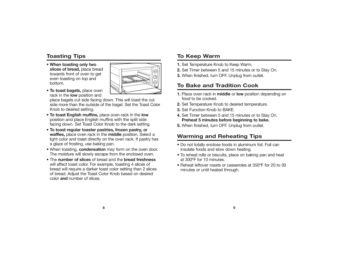 Hamilton Beach 840107100 manual Toasting Tips, To Keep Warm, To Bake and Tradition Cook, Warming and Reheating Tips 