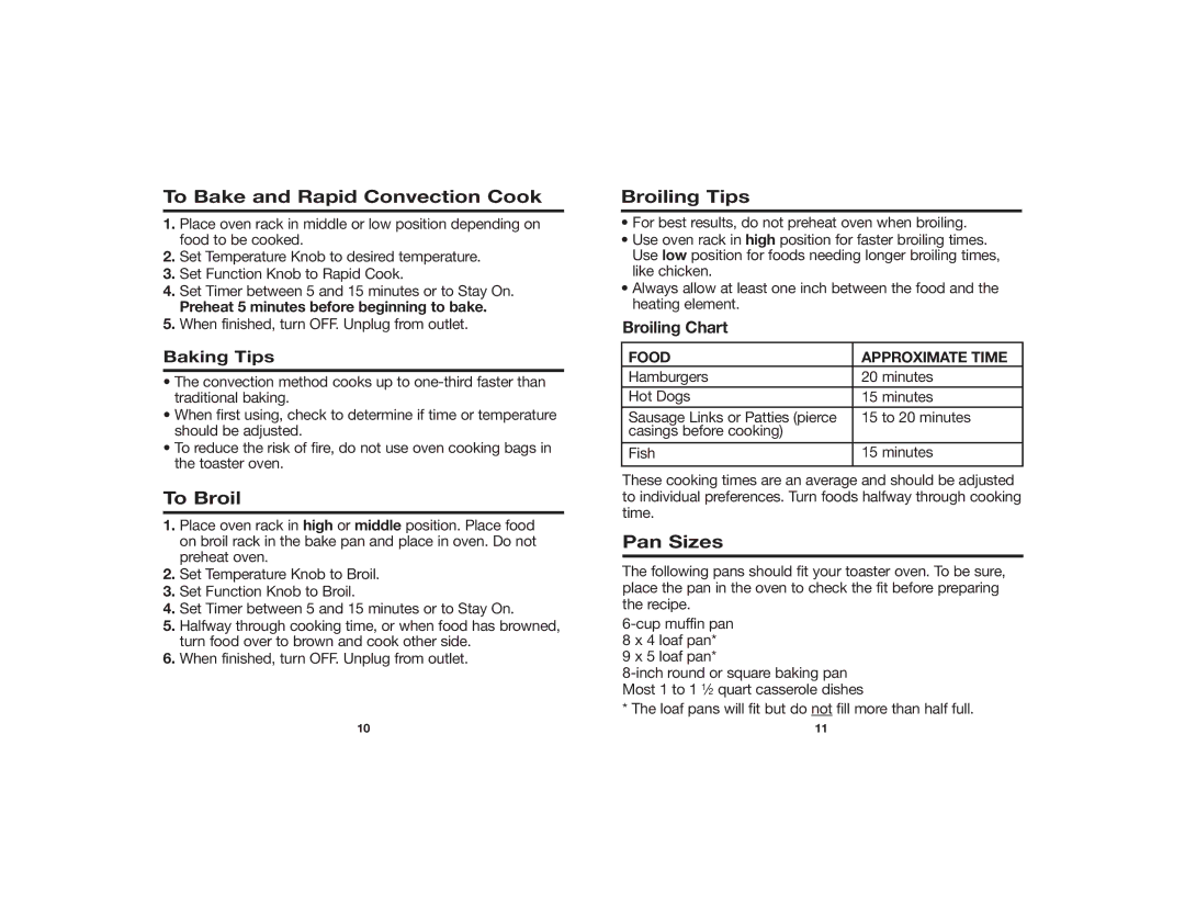 Hamilton Beach 840107100 manual To Bake and Rapid Convection Cook, To Broil, Broiling Tips, Pan Sizes, Broiling Chart 