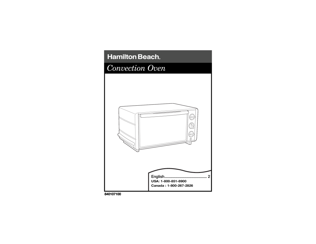 Hamilton Beach 840107100 manual Convection Oven, USA Canada 