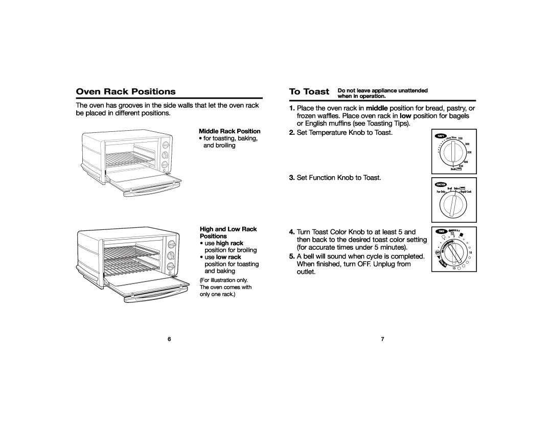 Hamilton Beach 840107100 manual Oven Rack Positions, To Toast 