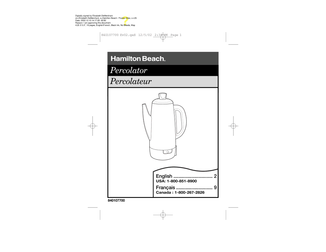 Hamilton Beach 840107700 manual Percolator 