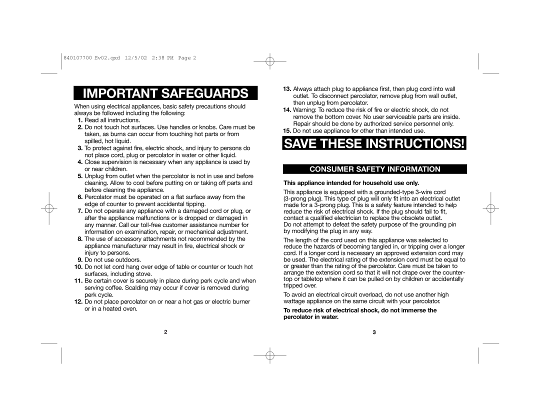 Hamilton Beach 840107700 manual Important Safeguards, This appliance intended for household use only 