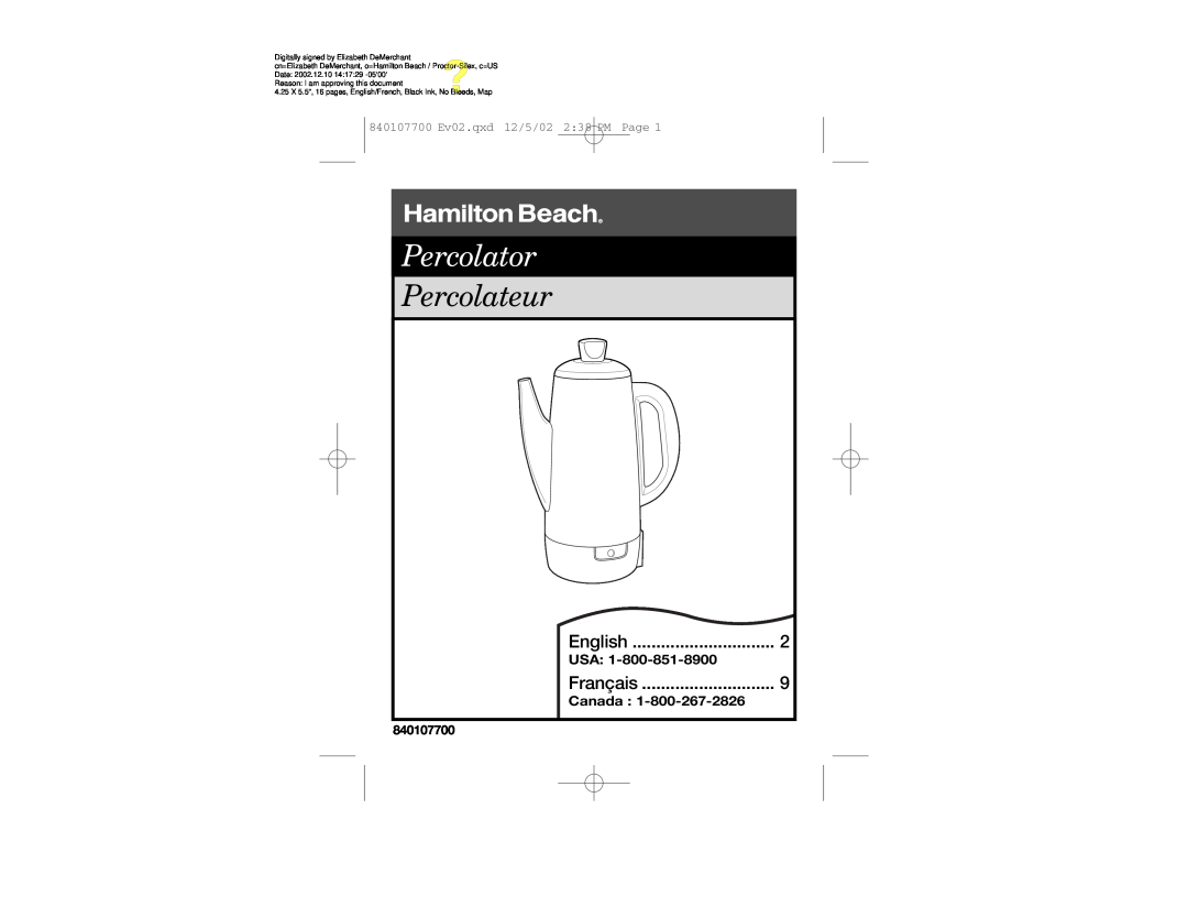 Hamilton Beach manual Percolator, Percolateur, English, Français, 840107700 Ev02.qxd 12/5/02 238 PM Page 