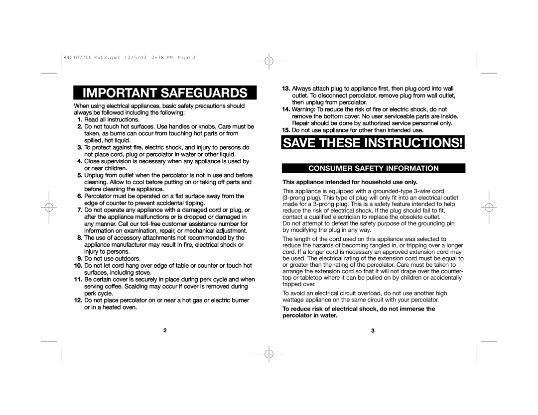Hamilton Beach 840107700 manual Important Safeguards, Save These Instructions, Consumer Safety Information 