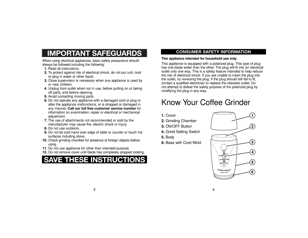 Hamilton Beach 840107900 manual Know Your Coffee Grinder 