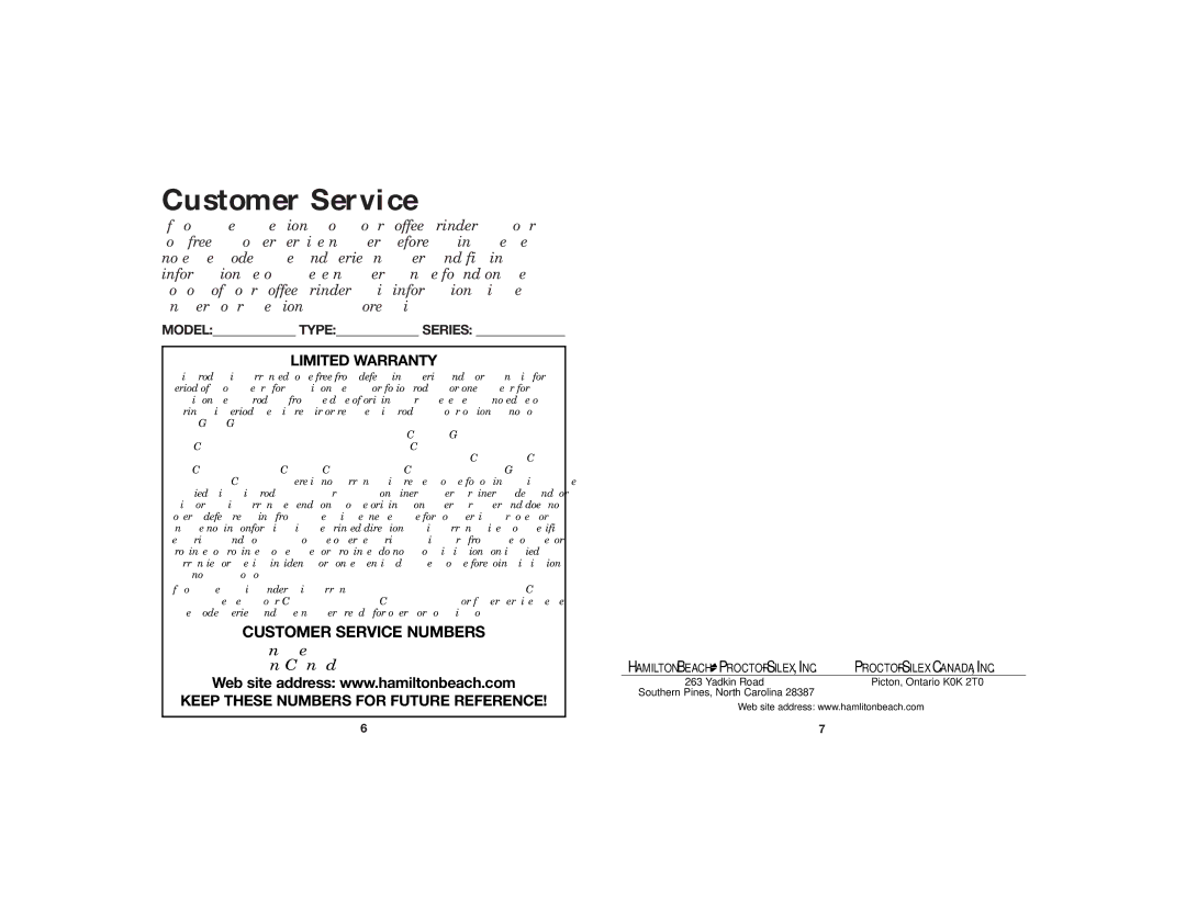 Hamilton Beach 840107900 manual Limited Warranty, Keep These Numbers for Future Reference 