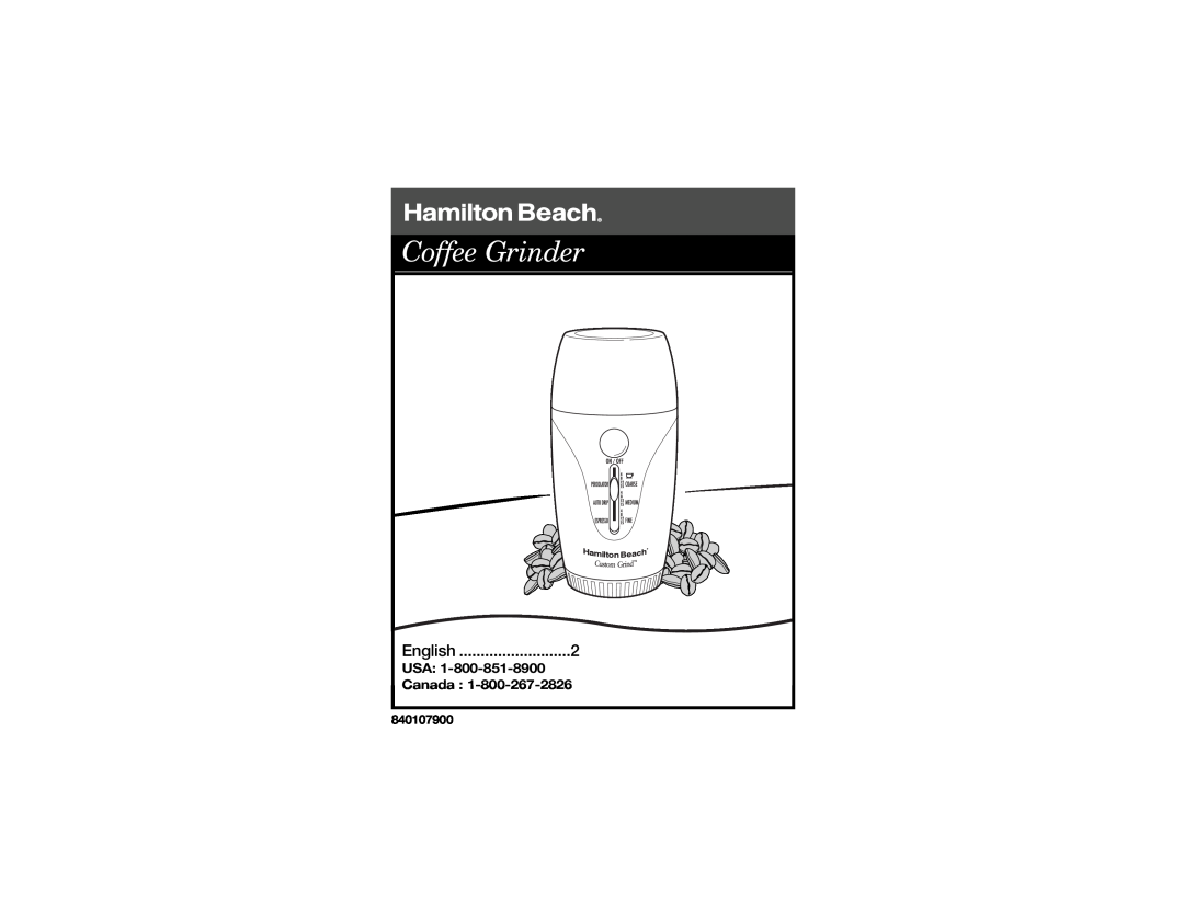 Hamilton Beach 840107900 manual English, USA Canada, Coffee Grinder 