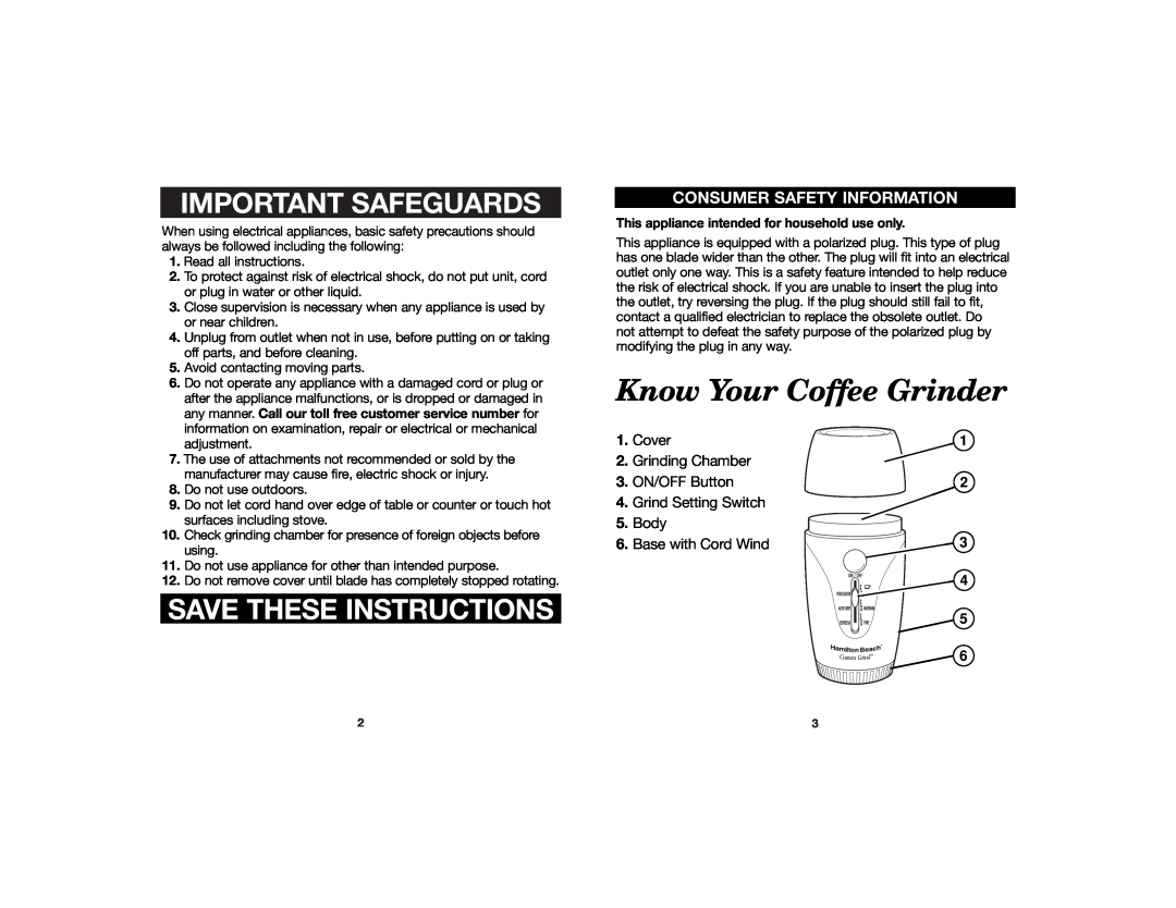 Hamilton Beach 840107900 manual Know Your Coffee Grinder, Important Safeguards, Save These Instructions 