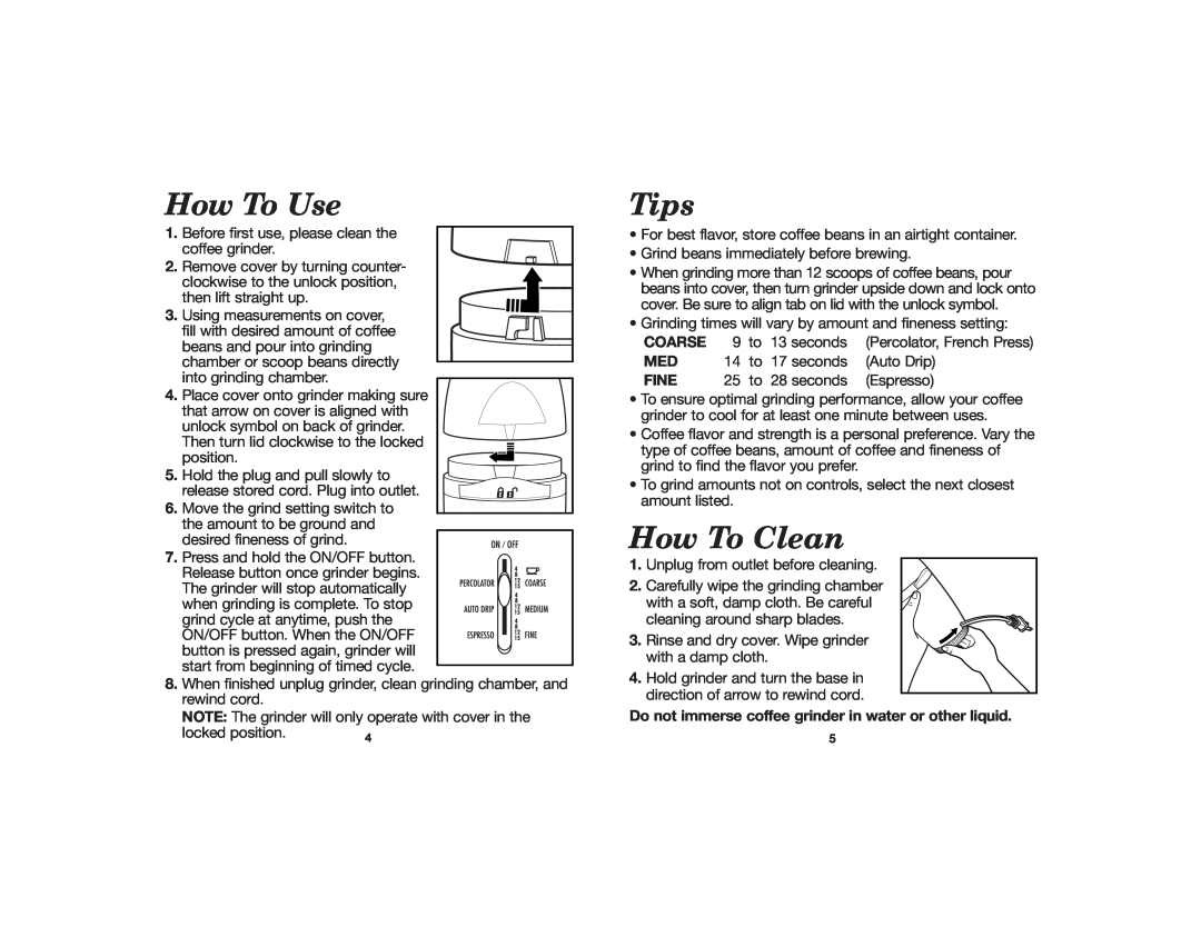 Hamilton Beach 840107900 manual How To Use, Tips, How To Clean, locked position, Coarse, Fine 