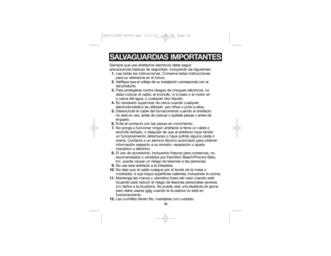 Hamilton Beach 840111200 manual Salvaguardias Importantes 