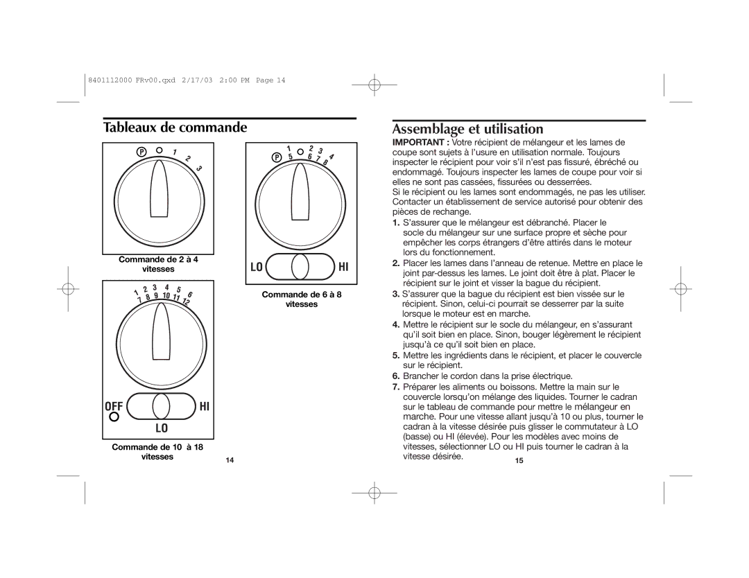 Hamilton Beach 840111200 manual Tableaux de commande, Assemblage et utilisation 