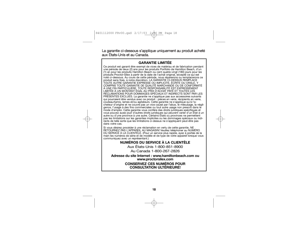 Hamilton Beach 840111200 manual Aux États-Unis Au Canada, Garantie Limitée, Numéros Du Service À La Clientèle 