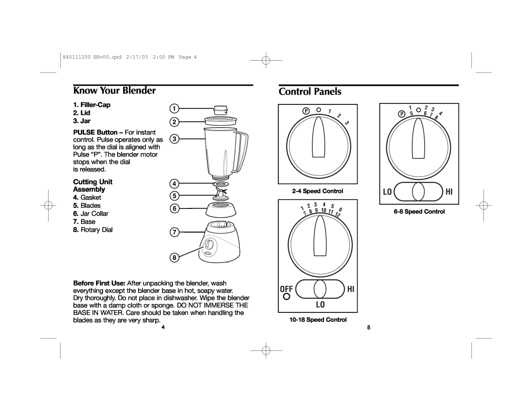 Hamilton Beach 840111200 manual Know Your Blender, Control Panels, Cutting Unit Assembly, Filler-Cap 2. Lid 3. Jar 