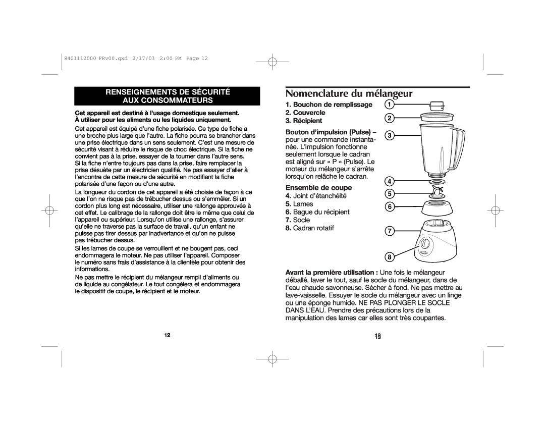 Hamilton Beach 840111200 manual Nomenclature du mélangeur, Renseignements De Sécurité Aux Consommateurs, Ensemble de coupe 