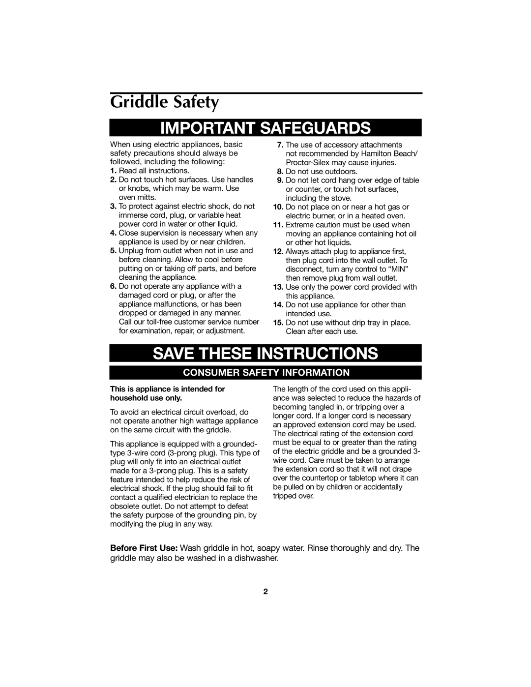 Hamilton Beach 840112100 manual Griddle Safety, Important Safeguards 