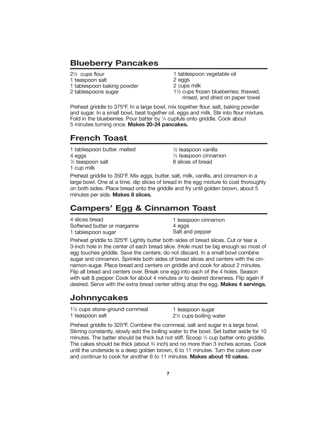 Hamilton Beach 840112100 manual Blueberry Pancakes, French Toast, Campers’ Egg & Cinnamon Toast, Johnnycakes 