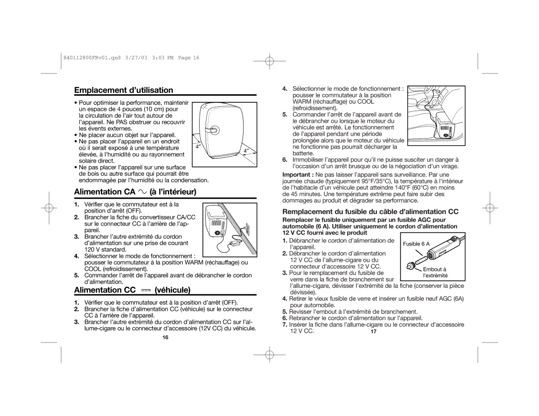 Hamilton Beach 840112800 manual Emplacement d’utilisation, Alimentation CA à l’intérieur, Alimentation CC véhicule 