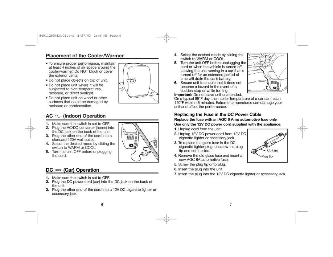 Hamilton Beach 840112800 manual Placement of the Cooler/Warmer, AC Indoor Operation, DC Car Operation 