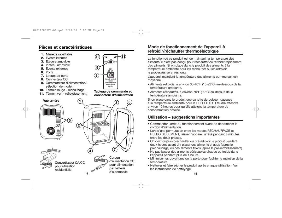 Hamilton Beach 840112800 manual Pièces et caractéristiques, Utilisation suggestions importantes 