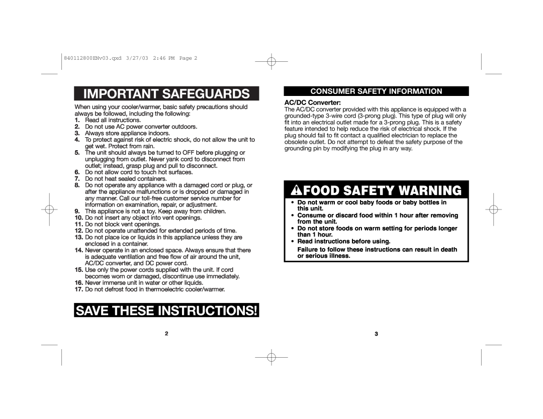 Hamilton Beach 840112800 manual wFOOD SAFETY WARNING, Consumer Safety Information, AC/DC Converter, Important Safeguards 