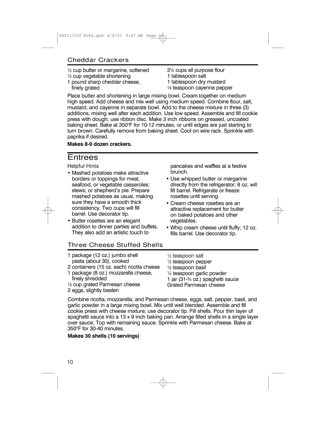 Hamilton Beach 840113300 Entrees, Cheddar Crackers, Three Cheese Stuffed Shells, Makes 8-9 dozen crackers 
