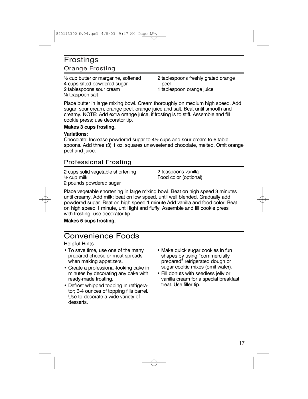 Hamilton Beach 840113300 operating instructions Frostings, Convenience Foods, Orange Frosting, Professional Frosting 