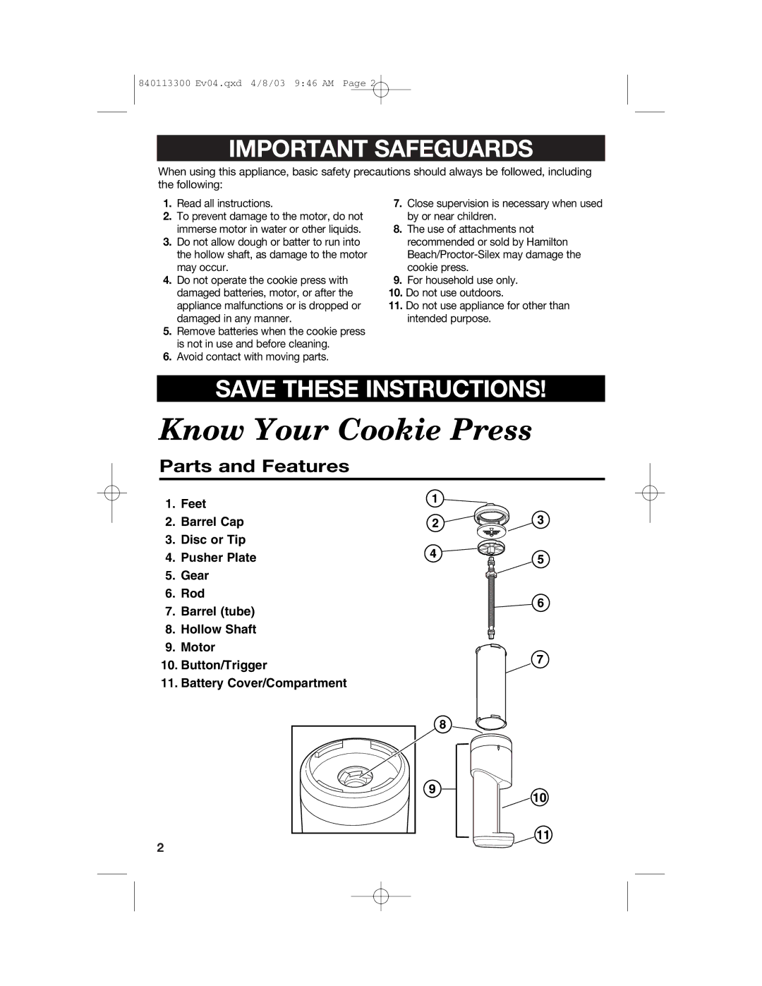 Hamilton Beach 840113300 operating instructions Know Your Cookie Press, Parts and Features 