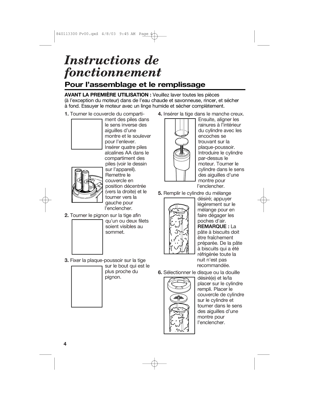 Hamilton Beach 840113300 operating instructions Instructions de fonctionnement, Pour l’assemblage et le remplissage 