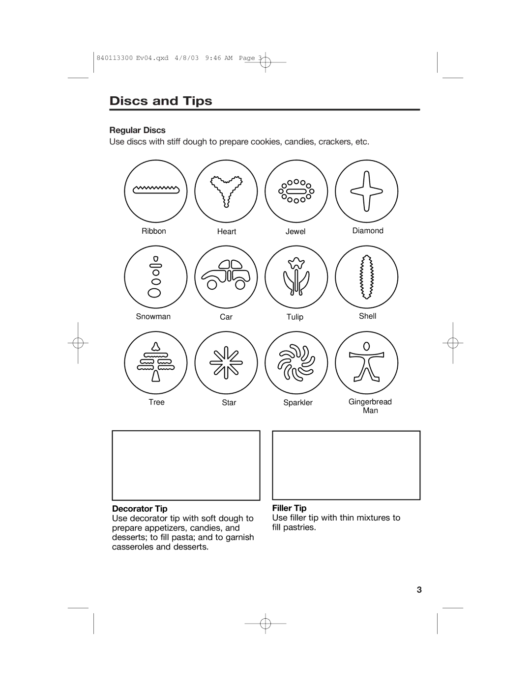 Hamilton Beach 840113300 operating instructions Discs and Tips, Regular Discs, Decorator Tip, Filler Tip 