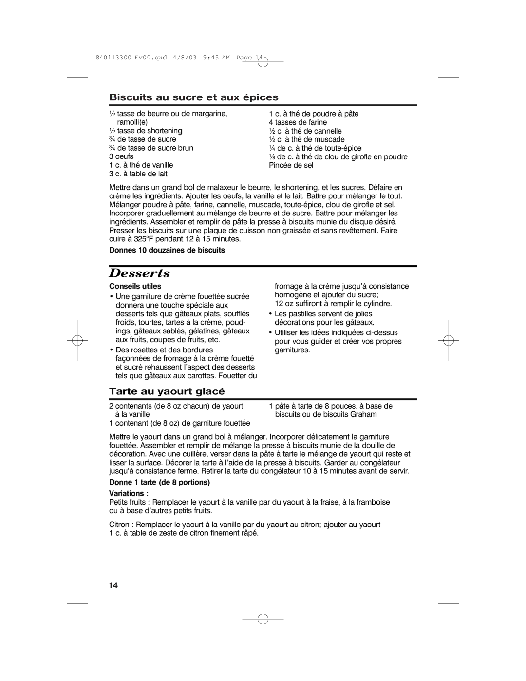 Hamilton Beach 840113300 Biscuits au sucre et aux épices, Tarte au yaourt glacé, Donnes 10 douzaines de biscuits 