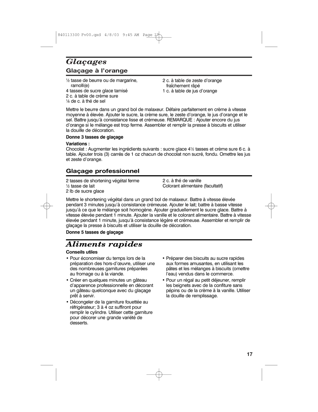 Hamilton Beach 840113300 operating instructions Glaçages, Aliments rapides, Glaçage à l’orange, Glaçage professionnel 