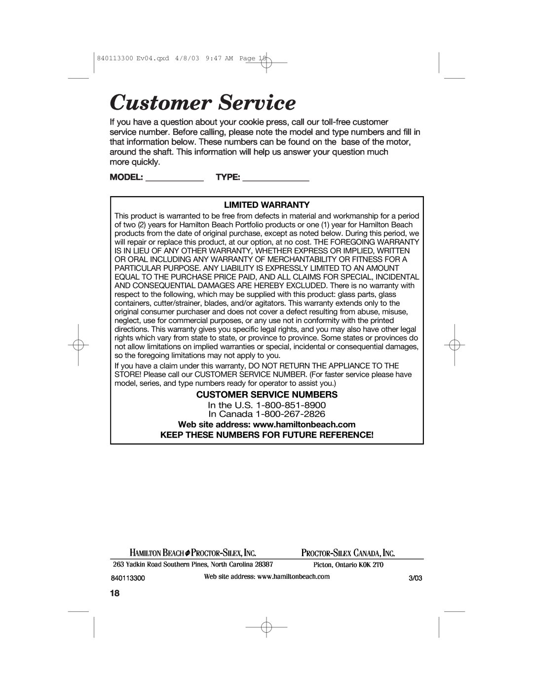Hamilton Beach 840113300 Customer Service Numbers, Model Type Limited Warranty, Proctor -Silex , Inc 