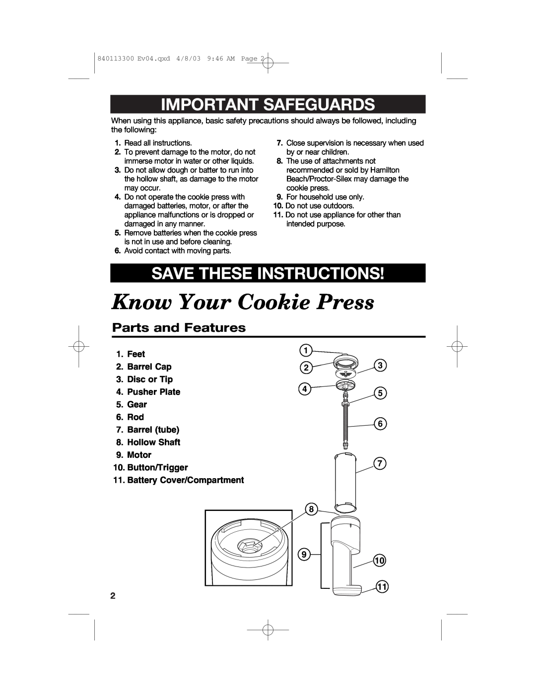 Hamilton Beach 840113300 Know Your Cookie Press, Important Safeguards, Save These Instructions, Parts and Features 