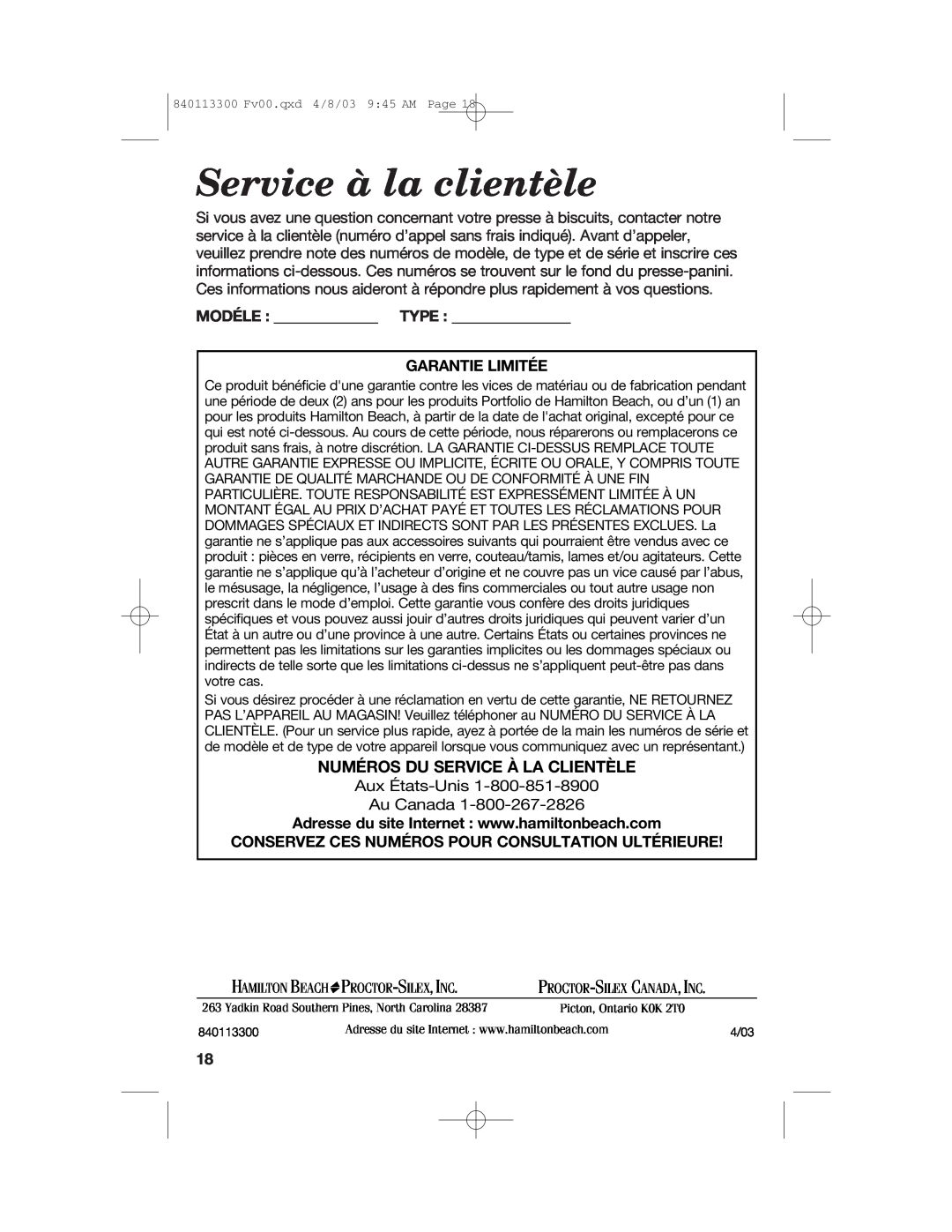 Hamilton Beach 840113300 Service à la clientèle, Numéros Du Service À La Clientèle, Modéle Type Garantie Limitée 