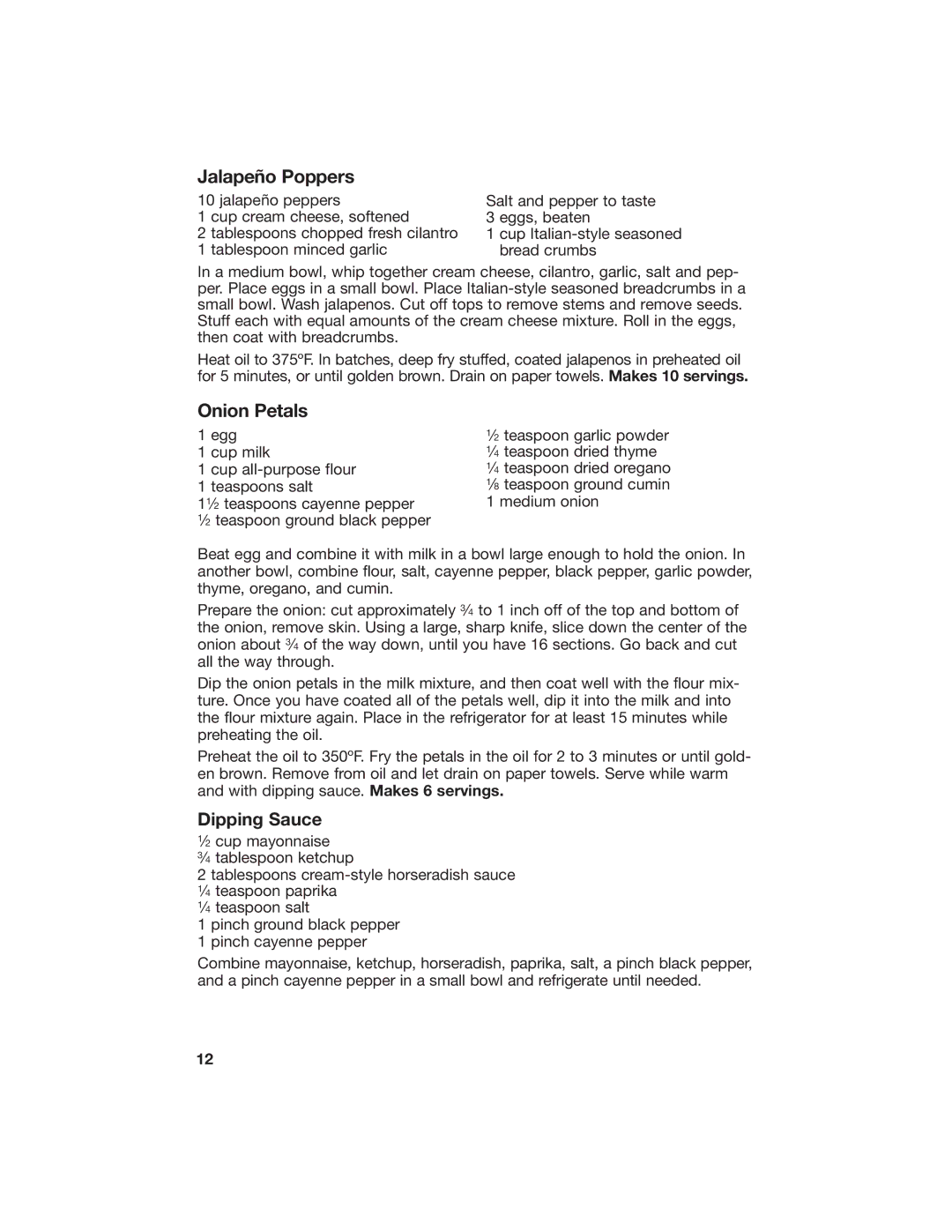 Hamilton Beach 840113900 manual Jalapeño Poppers, Onion Petals 