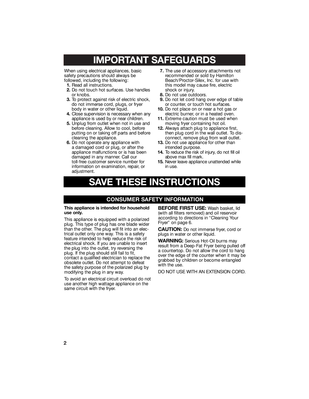 Hamilton Beach 840113900 manual Important Safeguards 