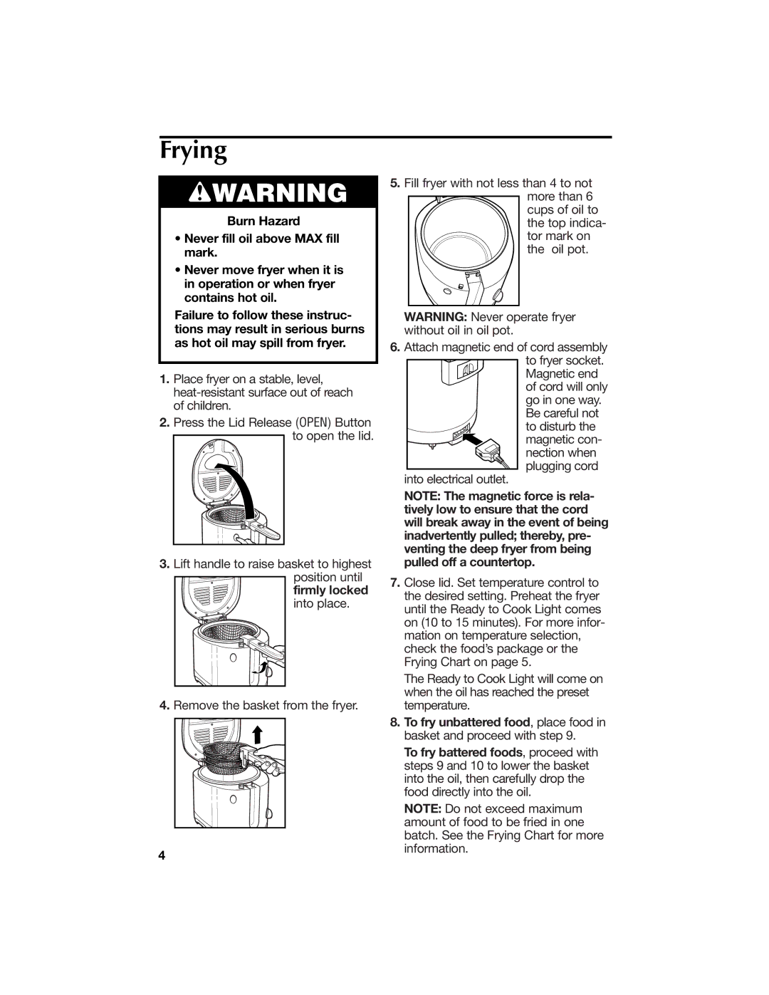 Hamilton Beach 840113900 manual Frying, Firmly locked into place 