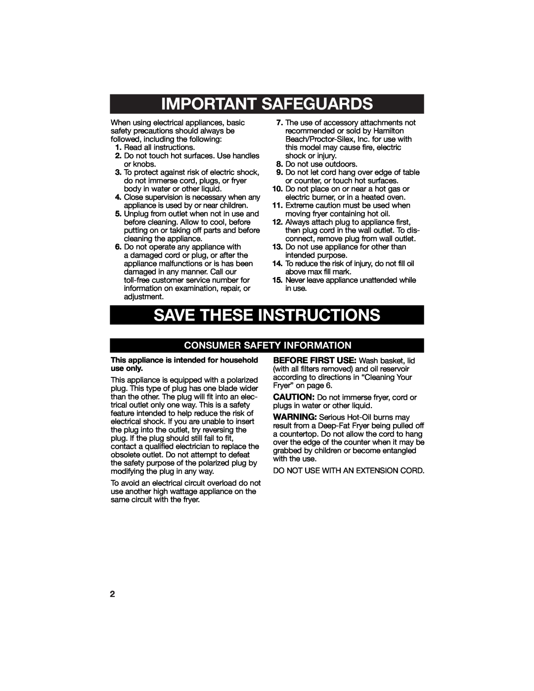 Hamilton Beach 840113900 manual Important Safeguards, Save These Instructions, Consumer Safety Information 