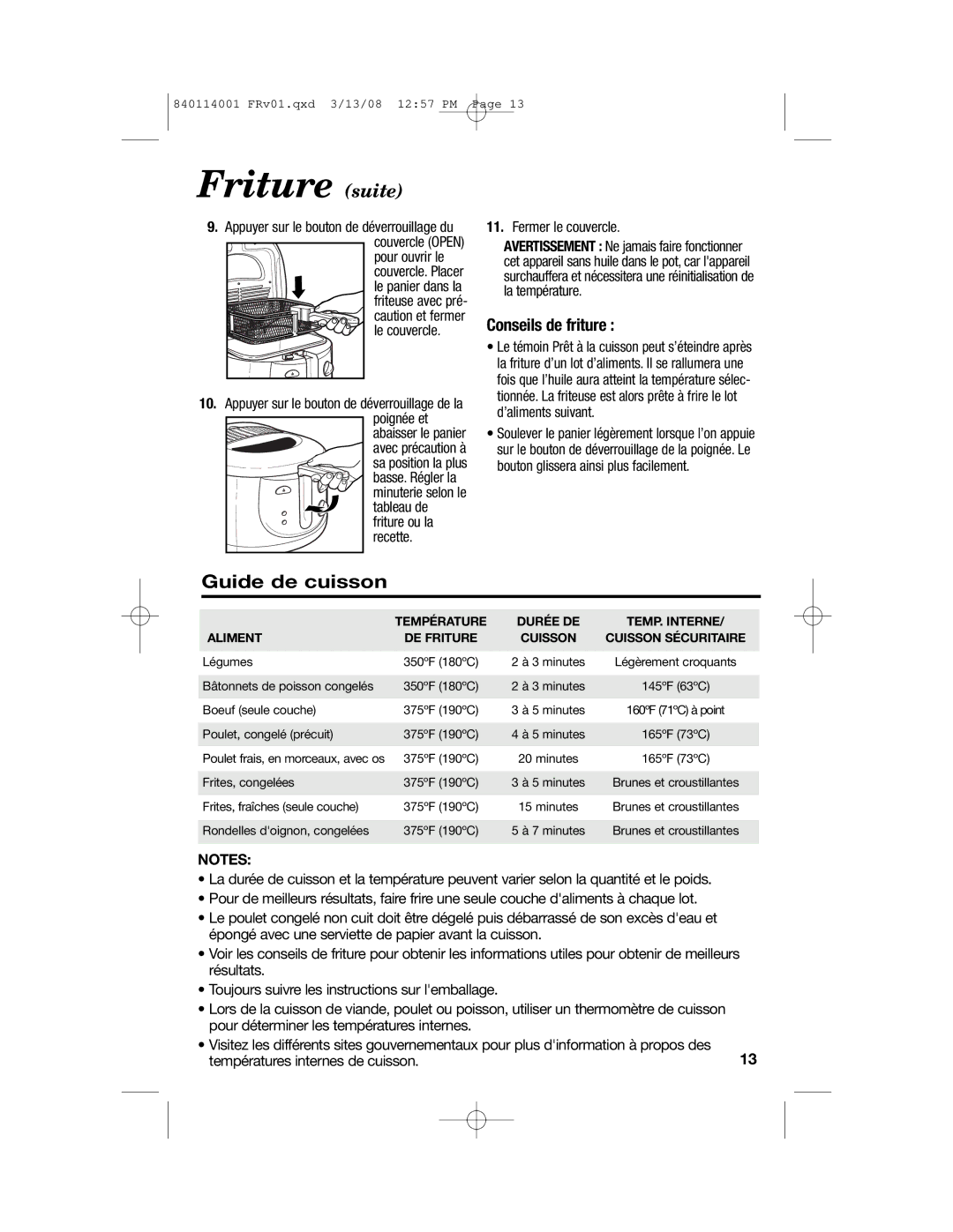 Hamilton Beach 840114001 manual Friture suite, Conseils de friture 