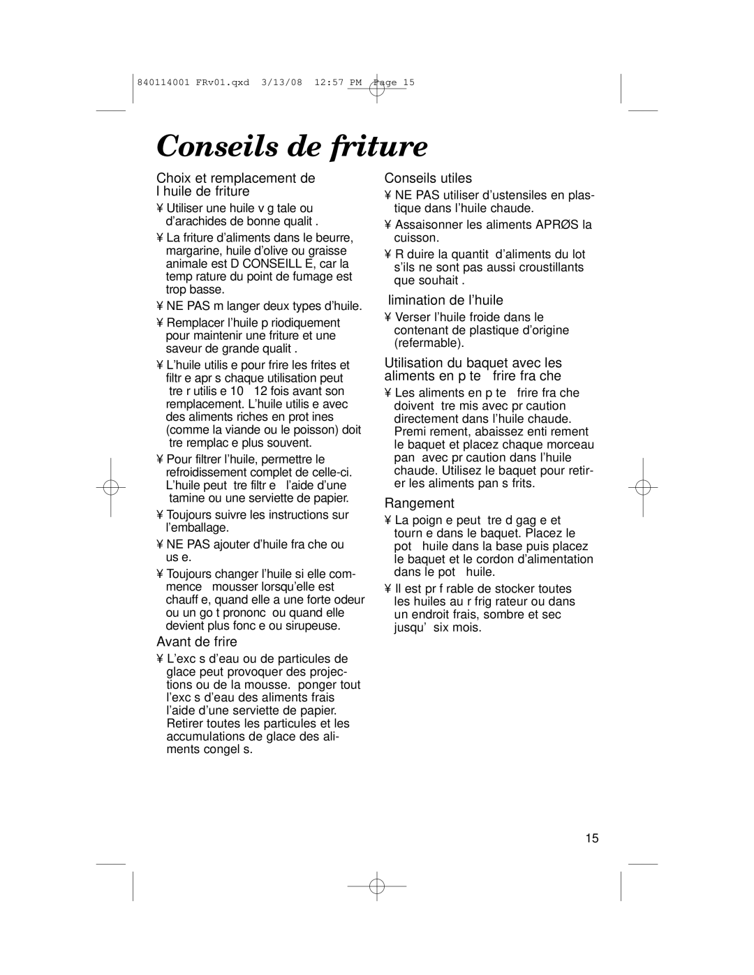 Hamilton Beach 840114001 manual Conseils de friture 