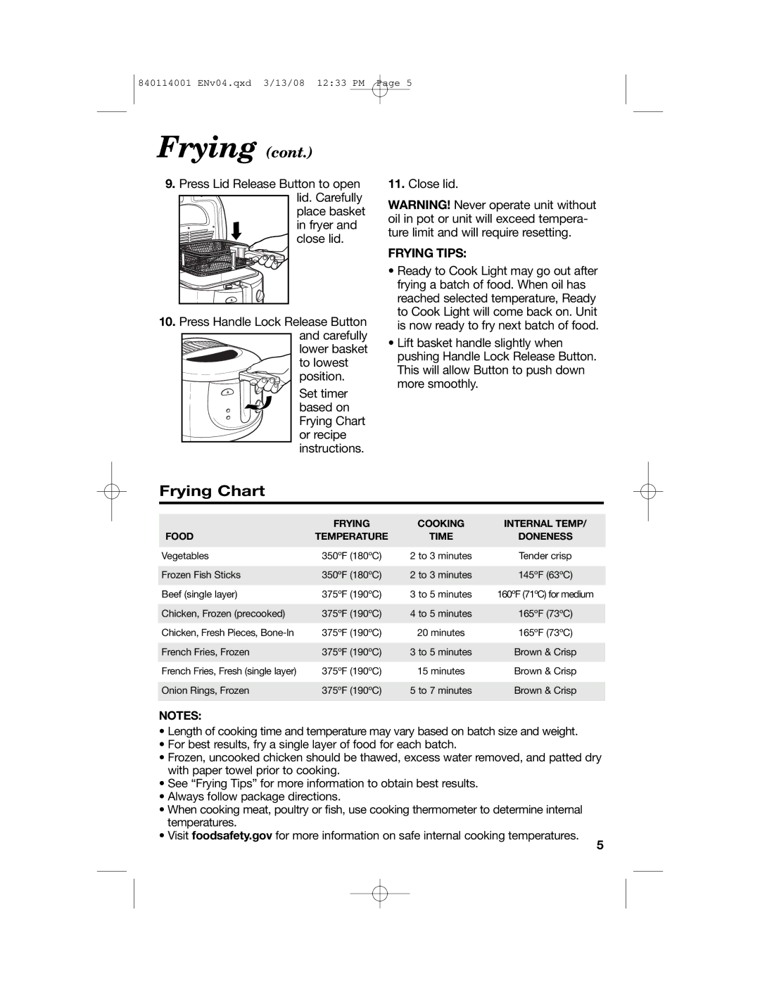 Hamilton Beach 840114001 manual Frying Chart, Frying Tips 