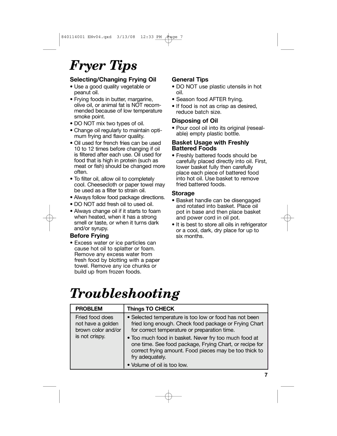 Hamilton Beach 840114001 manual Fryer Tips, Troubleshooting 