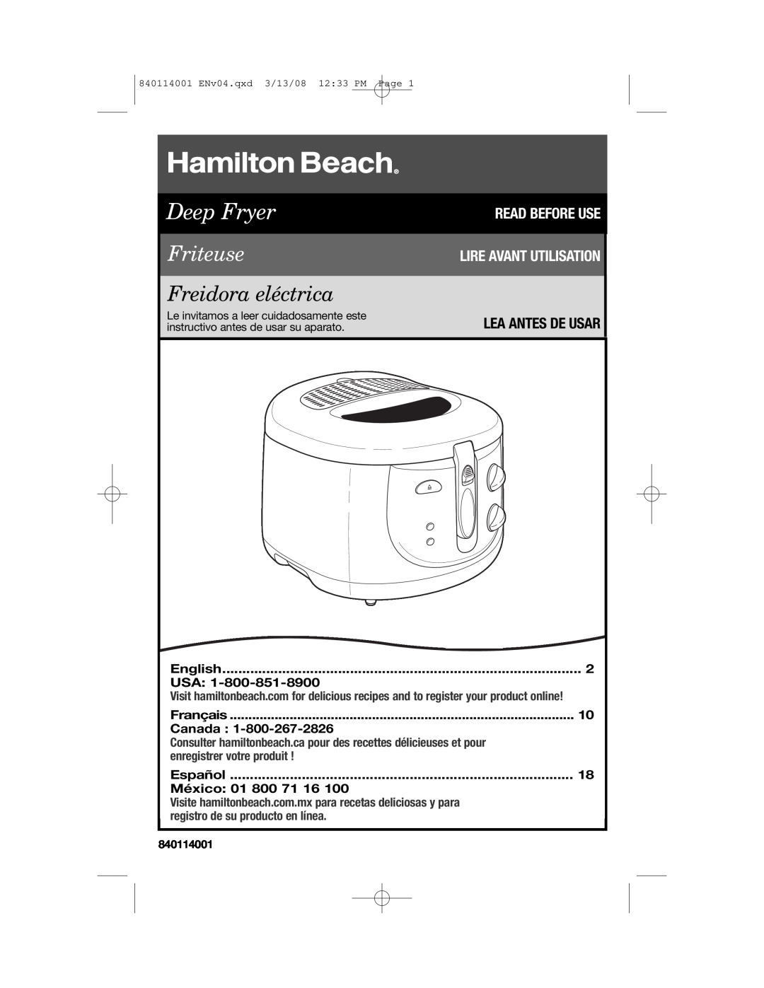 Hamilton Beach 840114001 manual Read Before Use Lire Avant Utilisation, Lea Antes De Usar, Deep Fryer, Friteuse 